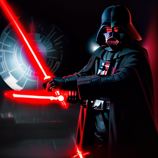 Under the haunting glow of the Death Star, Merlin, with his magic staff ablaze, stands defiantly against the menacing silhouette of Darth Vader, his ignited red lightsaber casting an ominous glow.